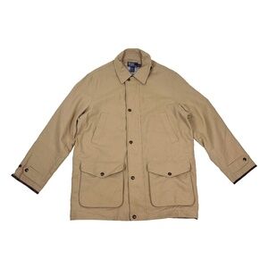 Vintage Polo Ralph Lauren Beige Plaid Lined Jacket Chore Coat Leather Trim